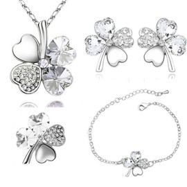 4 Pieces Four Leaf Clover Jewellery Set for Women Four Leaf Clover Necklace Bracelet Stud Fibula Set with Clover Pendant Gifts for Girls Mum Ladies