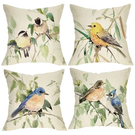Spring Summer Birds Decorative Throw Pillow Covers 18 x 18 Set of 4, Chickadee Goldfinch Bluebird Porch Outdoor Home Decor, Sparrow Branches Vintage Couch Cushion Case