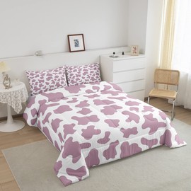 Kid Cartoon Bedding Set Purple Cow Print Down Comforter Full,Milk Cow Animal Cowhide Comforter Set Western Animals Bed Quilt for Toddler Boys Girls Farmhouse Bull Cattle Kawaii Room Decor,White