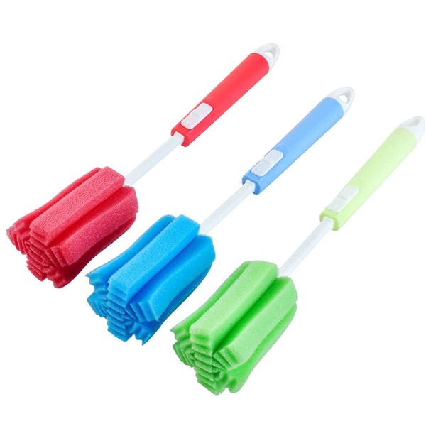3 Pcs Bottle Cleaning Brush Foam Sponge Bottle Brush Puff with 11 Inches Long Adjustable Handle for Washing Baby Bottle Water Bottles Cups Mugs Kitchen Clean and More(Random Color)