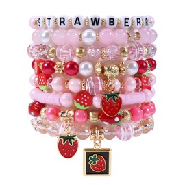 Bookay 8pcs Cute Fruit Strawberry Bracelets for Women Stretch Heishi Bracelet Strawberry Beach Jewelry Gifts