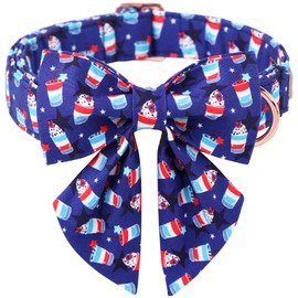 Dog Collar for Flag Day, Stars and Ice Cream Cotton Dog Collar with Tie Safety Metal Buckle, Adjustable Puppy Collar for Small, Medium and Large Dogs L