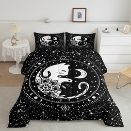 Cute Cats Comforter Set King,Gothic Star Sky Moon Constellation Bedding Set 3pcs for Kids Teens Boy Girls Room Decor,Animals Flower Plants Quilt Set Black Exotic Duvet Insert with 2 Pillowcases