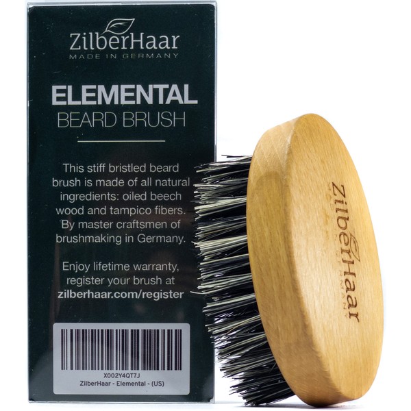 ZilberHaar - Elemental Beard Brush for Men and Mustache Brush - Stiff Natural Bristles and Beech wood - 100% Animal free - Made in Germany - 3 inches long