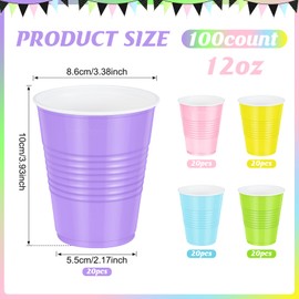 100 Pcs Pastel Plastic Cups 12 oz, Bulk Colorful Light Blue Pink Purple Green and Yellow Disposable Party Graduation Cups for Graduation Picnic Wedding Bridal Birthday Party Supplies Decorations