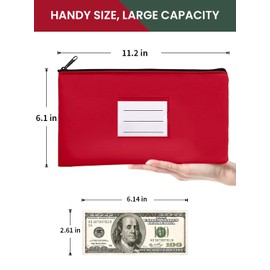 2-Pack Bank Deposit Money Bags with Zipper, 11 x 6 Inches, PU Leather Cash Pouches with Label, for Coins, Cosmetics, Bills, Tools, Red & Dark Green