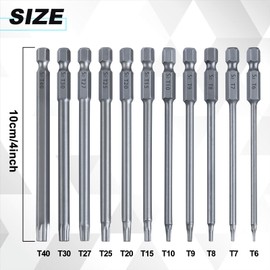 LEONTOOL Torx Screwdriver Bit Set, Set of 11, Hollow Torx Head, T6-T40, Security Torx Bit, Torx Screwdriver Set, 0.25 inch (6.35 mm) Hex Shaft, Length 3.9 inches (100 mm), S2 Steel, Magnetic