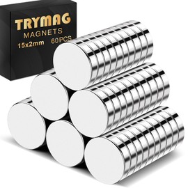TRYMAG Neodymium Magnets, 15x2mm Round Rare Earth Magnets, 60Pcs Small Strong Refrigerator Magnets, Fridge Magnets for Crafts, Whiteboard, Scientific Models, Dry Erase Board, Office Magnets
