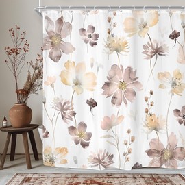 Riyidecor Brown Floral Flower Shower Curtain for Bathroom Decor 72Wx72H Cute Boho Wildflower Watercolor Botanical Spring Rustic Grey Plant Art Printed Fabric Polyester Waterproof 12 Pack Plastic