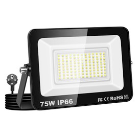 RIGIDON 75 W LED Outdoor Spotlight with Plug, 7500 LM LED Outdoor Spotlight 6000 K Cool White IP66 Waterproof Floodlight Outdoor Lamp for Garage, Garden, Sports Field, Patio, Yard