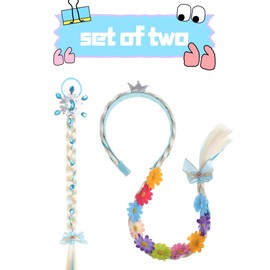 Extra Long Princess Headband Braids Rapunzel Hair Extensions for Women, Braided Ponytail Extension with Flowers and 1 Pack Tie In Ponytail, Crazy Hair Day Accessories for Girls