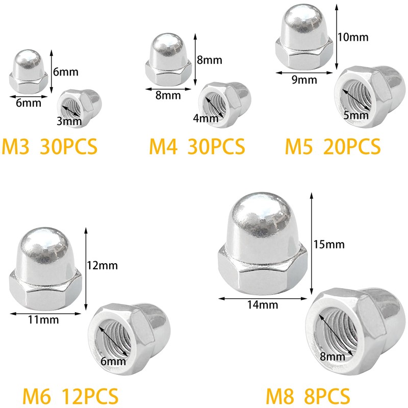 100 PCS Stainless Steel Dome Cap Nuts, Hex Acorn Nut