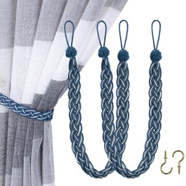 Home Queen Handwoven Rope Curtain Tiebacks for Drapes, 2 Pack Rope Holdbacks with Hooks, 23 Inch Long Polyester and Cotton Braided Tie Backs for Thick and Sheer Curtains,Navy and Silver