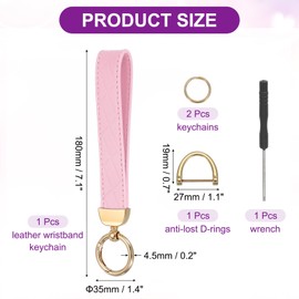 sourcing map Leather Wristlet Keychain Car Key Chain Wristlet for Women, 7 Inch Key Fob Holder with D Ring and 2 Key Ring for Keys Wallets Purse, Gold Tone/Pink