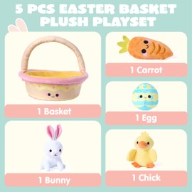 JOYIN 5 Pcs Easter Basket Plush Playset, Filled Basket with Bunny Chick Egg Carrot, Easter Basket Prefilled with Animal Stuffers, Easter Toys & Gifts for Baby Toddler Kids Boys & Girls of All Ages