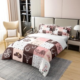 Western 100% Cotton Duvet Cover Twin, Cowgirls Bedding Set For Girls Women, American Wild West Patchwork Texas Stars Comforter Cover, Boho Arrows Horseshoe Bull Skull Gun Pink Brown Quilt Cover