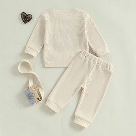 L&ieserram 0-3Years Baby Boys Valentine's Day 2Pcs Set Ribbed Letter Embroidery Long Sleeve Crew Neck Sweatshirts Drawstring Pants Infant Toddler Causal Clothes (Apricot, 12-18 Months)