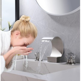 BANGPU Bathroom Sink Faucet 3 Hole Widespread Waterfall Bathroom Faucets with Crystals Handles Basin Mixer Tap 8-Inch High Arc Vanity Faucet with Supply Hose, Brushed Nickel