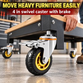 4 Inch Rubber Swivel Caster with Brake, M12 x 30 Threaded Stem Heavy Duty Silent Furniture Wheel