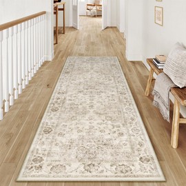 WondRg 2x6 Washable Neutral Runner Rug Beige Vintage Hallway Kitchen Carpet Non-Slip Soft Low Pile Farmhouse Throw Rug for Bedroom Bathroom Laundry Living Room