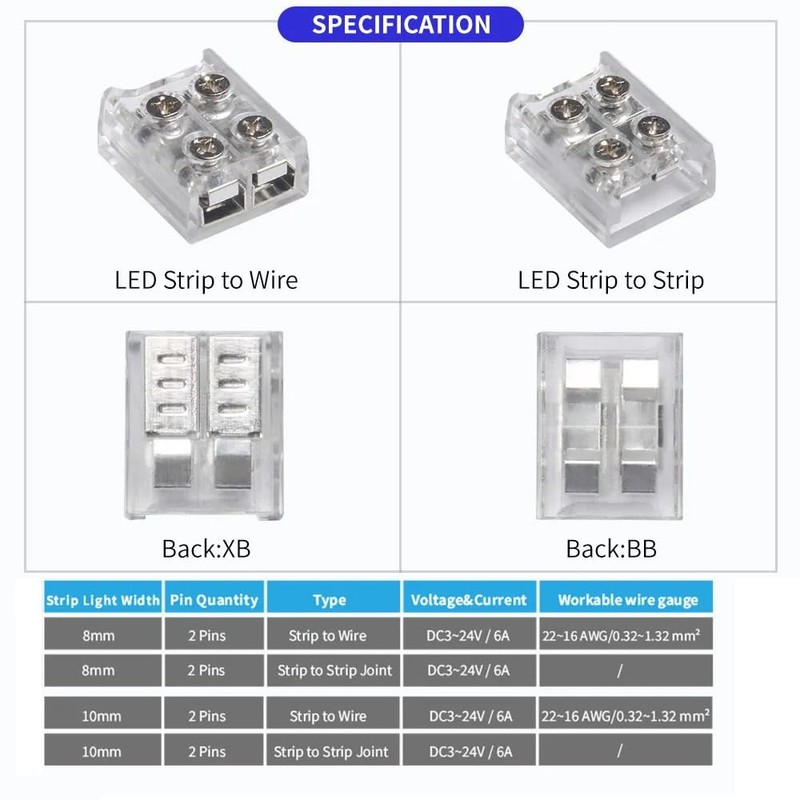 YUTOKEER LED Strip Connector, 2-Pin 8 mm Solderless for 5050