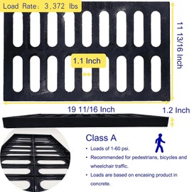 MOSINSBO Cast Iron Drain Grate 20x12 in, A-Class 3372 lbs Heavy-Duty Channel Cover, Outdoor Trench Drainage Grate, Black Rectangle Metal Sewer Cover for Foot Traffic (True 19.7x11.8)