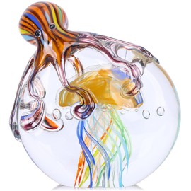 LCCCK Glass Octopus Jellyfish Statue Home Decor, Hand Blown Glass Decor Ocean Figurines Octopus Sculpture, Glass Art Office Desk Paperweights Fish Tank Aquarium Sea Animals Christmas Birthday Gift