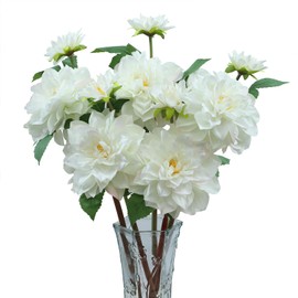 Artificial Flowers Dahlia and Chrysanthemum Silk Flowers, 5-Piece Set, for Home and Wedding Decor (White)