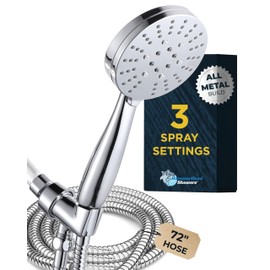 HammerHead Showers® ALL METAL 3-Spray Handheld Shower Head with Long Hose and Holder - CHROME - 2.5 GPM High Pressure Shower Head with Handheld Sprayer - WIDE, MASSAGE, and MIST Sprays