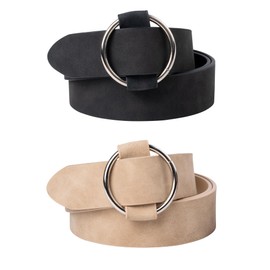 besbomig Pack of 2 Women's Leather Belts, Adjustable Women's Belt, Fashion Silver Buckle, Women's Waist Belt for Dress, Jeans, Shorts, Black/khaki