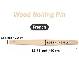 Bakehope French Rolling Pin for Baking Pasta Pizza Bread, Natural Beech Wood Dough Roller(15.75 Inches)