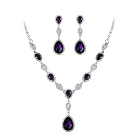 EleQueen Frauen Teardrop Crystal Y-Necklaces Dangle Ohrringe Schmuck-Sets für Bräute Brautjungfern Lila Silber-Ton