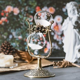 Samlong Large Hourglass Timer 60 Minute Sand Clock, Rotating Embossed Sand Timer Vintage Home Décor, Bronze Metal Hour Glass with White Sand