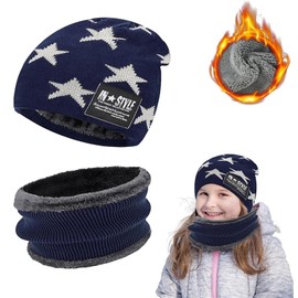 Huifengjie Hats and Scarf Set for Boys, Children's Winter Hat with Fleece Lining Hat Scarf Sets, Winter Thick Fleece Thermal for Boys Girls, Soft Cotton Warm Knitted Hats and Scarves, blue