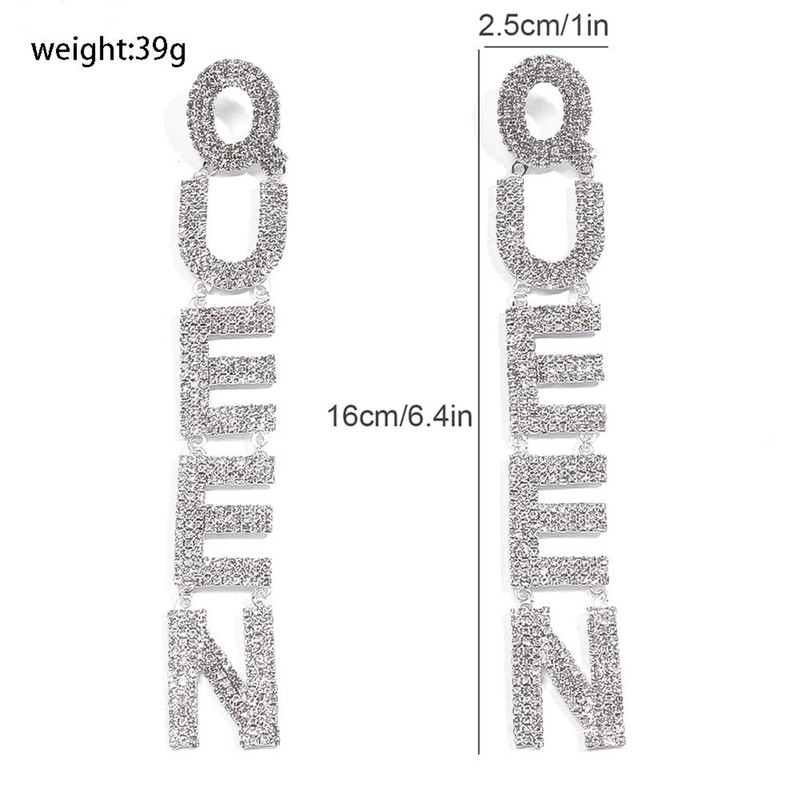 Luxurious Rhinestone QUEEN Dangle Earrings Bling Crystal Long Tassel Letters