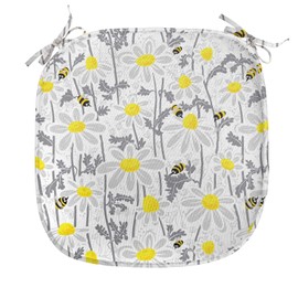 Ambesonne Yellow Chair Seating Cushion, Pattern with Bees and Chamomile Daisy Flowers in Flourishing Meadow Nature, Anti-Slip Seat Padding for Kitchen & Patio, 16"x16", Grey Yellow White