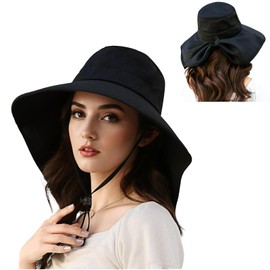 Lubardy Sombreros para Sol Mujer,Protección UV UPF 50+,Playa Sombrero para el Sol Plegable,ala Ancha,Transpirables,con Agujero para Cola de Caballo y protección Cuello al Aire Libre Negro