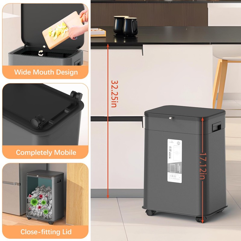 Kitchen Trash Can with Lid, Adjustable Height 20L/5.3Gal Rolling Garbage