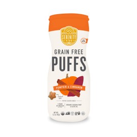 Serenity Kids 6+ Months Grain Free Puffs Toddler & Baby Snack | No Added Sugar, Gluten & Rice Free, Allergen Free | Made with Organic Cassava, Veggies, and Herbs | Pumpkin & Cinnamon | 1 Count