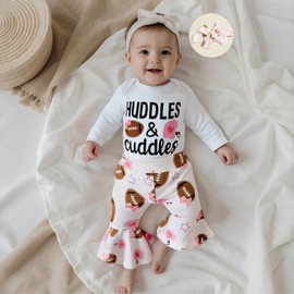 KMBANGI Newborn Baby Girl Football Outfit Huddles Cuddles Romper Shirts Rugby Bows Bell Bottoms 3Pcs Game Day Clothes Fall (Pink, 0-3 Months)
