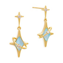 Sonateomber Gold Lucky Four-point Star Dangle Earrings for Women Sparkly Teal Blue Aquamarine Rhinestone Crystal Dangling Stud Prom Birthday Accessories Fashion Jewelry Gift