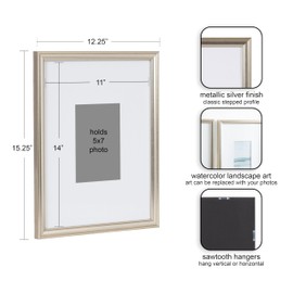 Kate and Laurel Adlynn Decorative Rectangle Watercolor Framed Art Set of 3, 11 x 14 matted to 5 x 7, Silver, Coastal Three-Piece Framed Wall Art for Gallery Wall Frame Set in Living Room Wall Decor