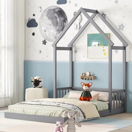 SOFTSEA Full Size Floor Bed with House Shaped Headboard, Wood Bed Frame with Guardrails, House Shaped Bed for Kids, Easy Assembly, Grey