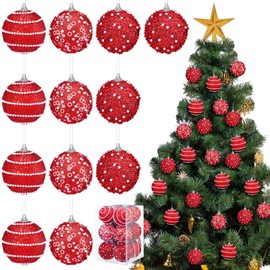 Poen 12 Pcs Christmas Ball Ornaments 2.76 Inch Hanging Pearl Foam Christmas Tree Decorations Glitter Christmas Tree Ornaments Set for Wedding Party Tabletop Wreath Garland Decoration(Red)