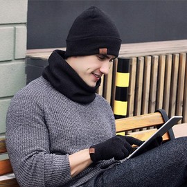Tmeog Men’s Warm Knitwear Set, Winter Beanie Hat, Touchscreen Gloves and Tube Scarf with Fleece Lining - A_Grey