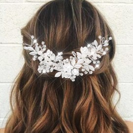 Latious Flower Bride Wedding Hair Vine Silver Leaf Bridal Hair Piece Rhinestone Hair Accessories for Women and Girls (Silver)