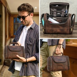 Contacts Crazy Horse Leather Toiletry Bag for Men Women Travel Bathroom Shaving Dopp Kit Toiletries Organizer Vintage Brown Cosmetic Bag Handbag, Dark Coffee