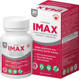 Pharmaris IMAX 150 mg Iron Supplement, 250 mg Vit C, 1000 mcg Vit B12, 30 Capsules, Treatment for Iron deficiency Anemia, Once Daily Dosing