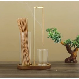 Modern Incense Holder with Glass Ash Catchers, Wooden Base, Glass Incense Sticks Organizer (Dark Wooden Base)