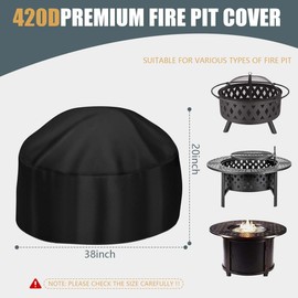 KISEER Fire Pit Cover Heavy Duty 420D Waterproof Round Fire Pit Bowl Cover with Thick PVC Coating Drawstring, 38 Inch Black